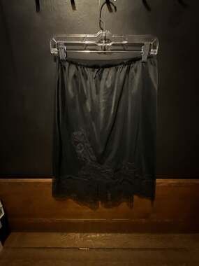 Vintage Black Satin Half Slip Skirt with Floral Lace Hem